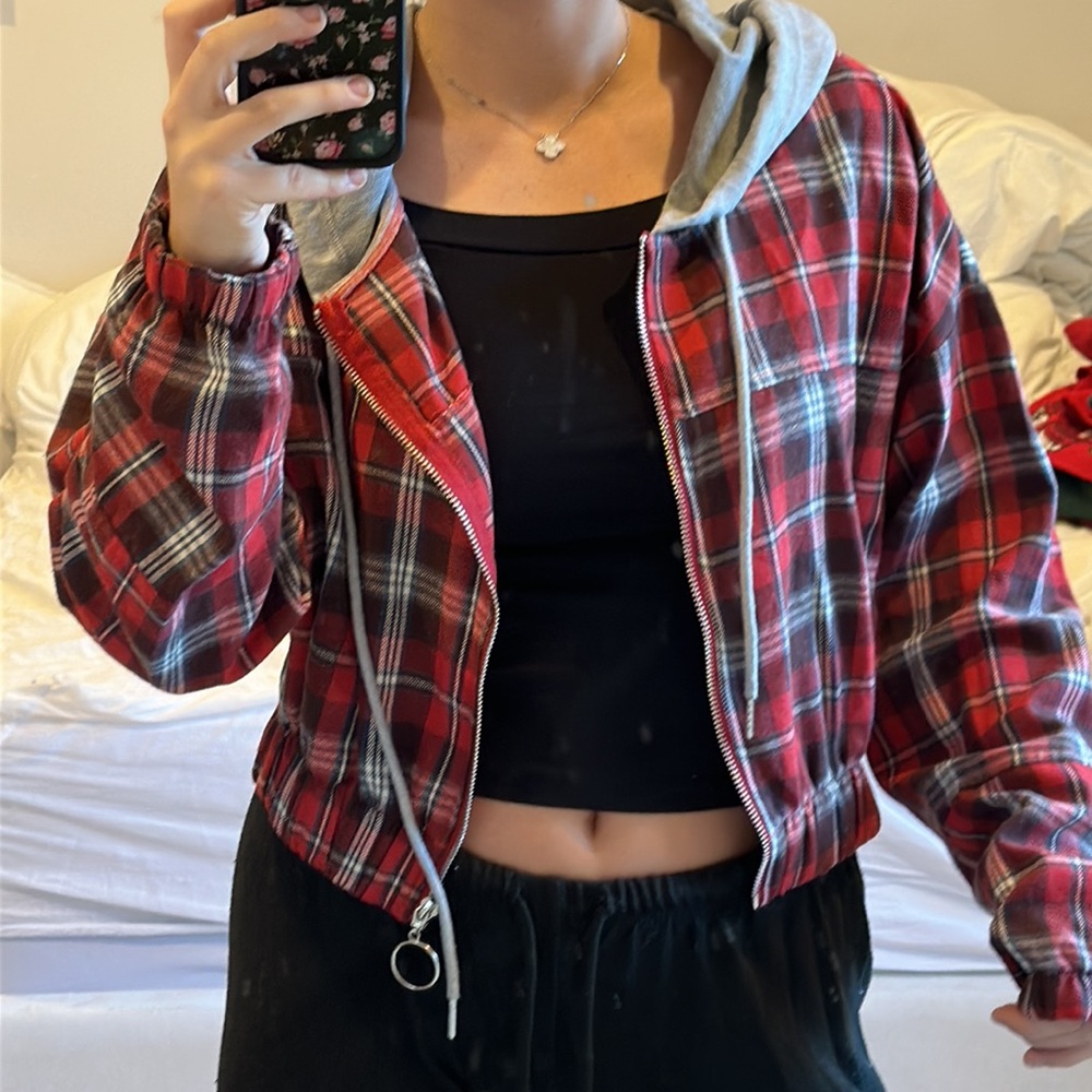 Red Cropped Flannel Zip-Up with silver circle zipper and grey hood